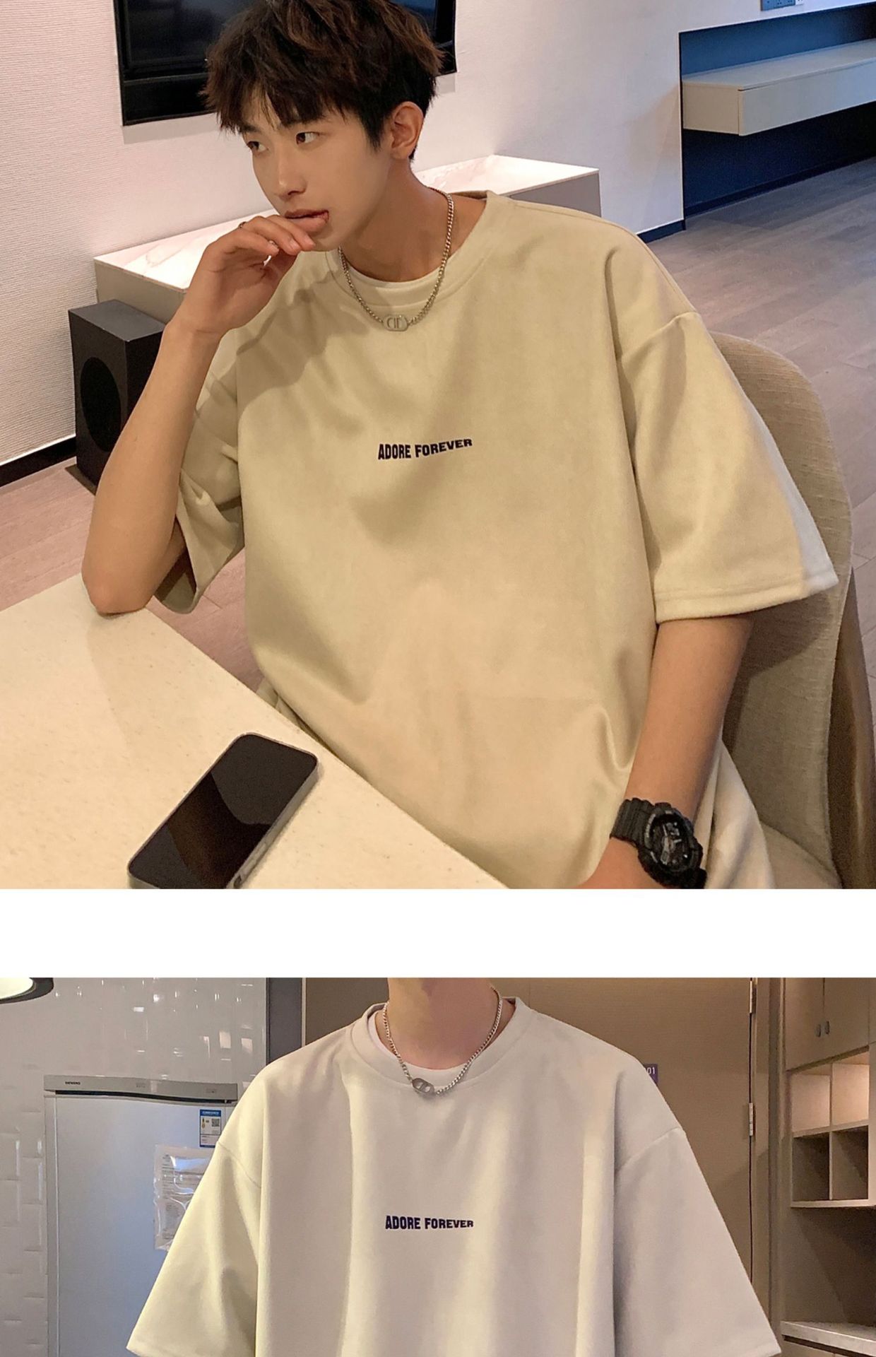 Avocado Green 320g heavyweight T-shirt for men, American retro suede short-sleeved, oversized small collar, three-quarter sleeve pic 27