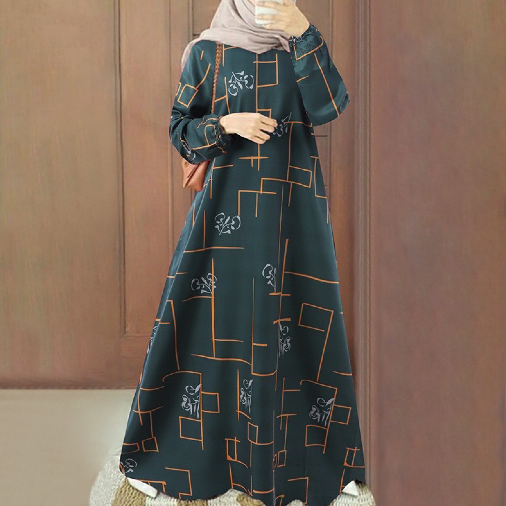 2026 New cross-border Middle East Muslim casual pullover long-sleeved loose round-neck long printed dress Long dress pic 5