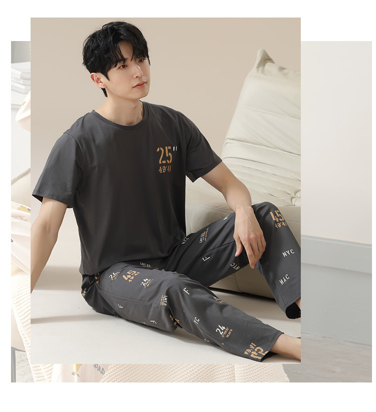Summer pure cotton pajamas for men, cartoon casual short-sleeved shirts and long pants, pure cotton comfortable home wear, summer youth student set pic 151