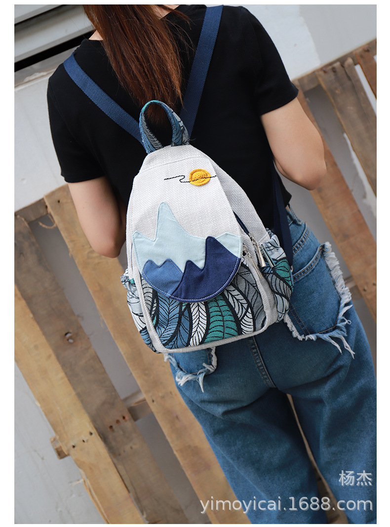 文艺国潮布艺双肩背包休闲小款多层女包风景画帆布旅行包民族特色详情11
