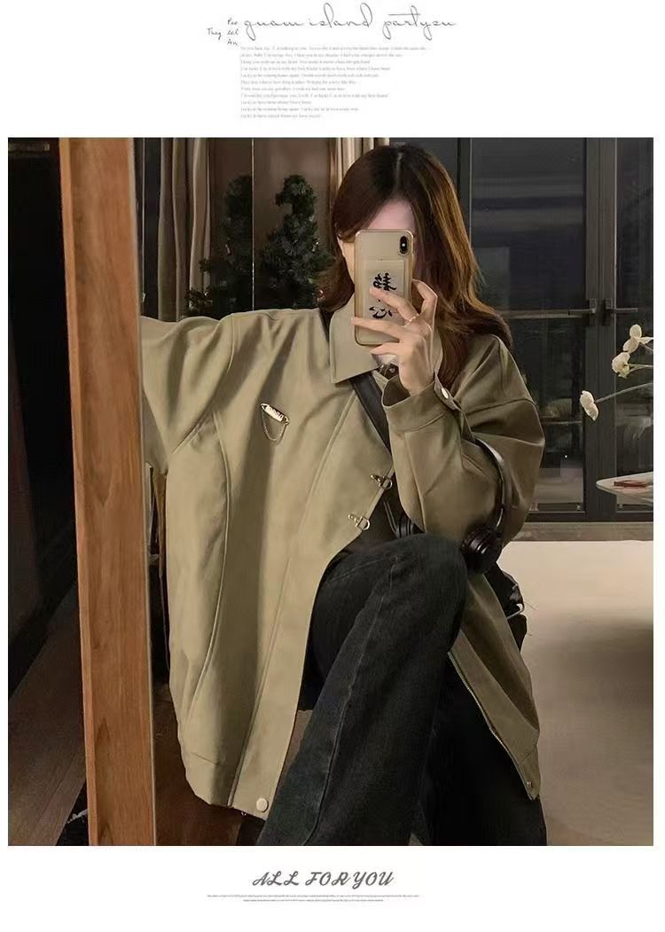 美式复古翻领外套女chic春秋潮流休闲宽松设计感PU皮学生夹克上衣详情31