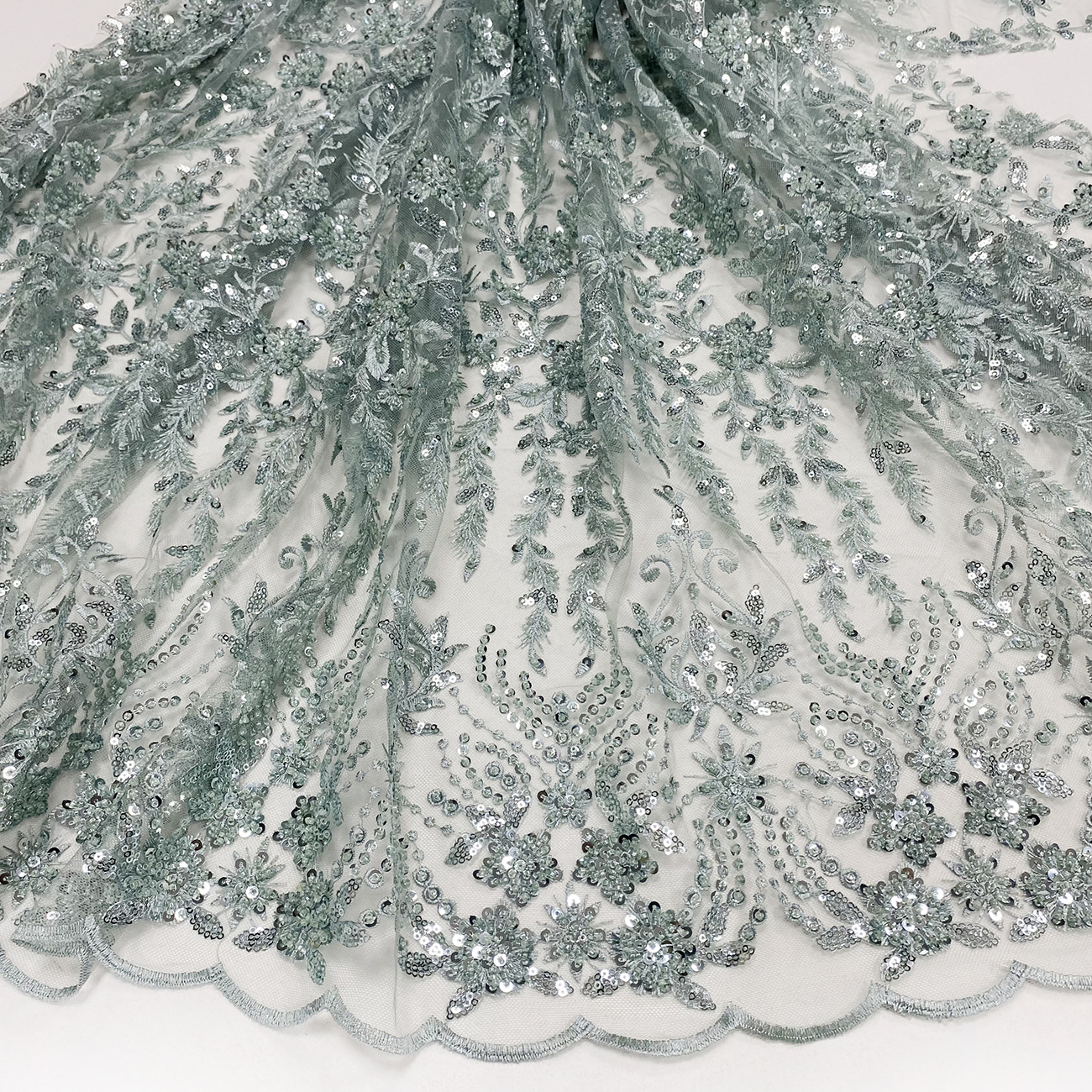 New high-end cheongsam wedding dress fabric with light green millet sequined mesh embroidery pic 4