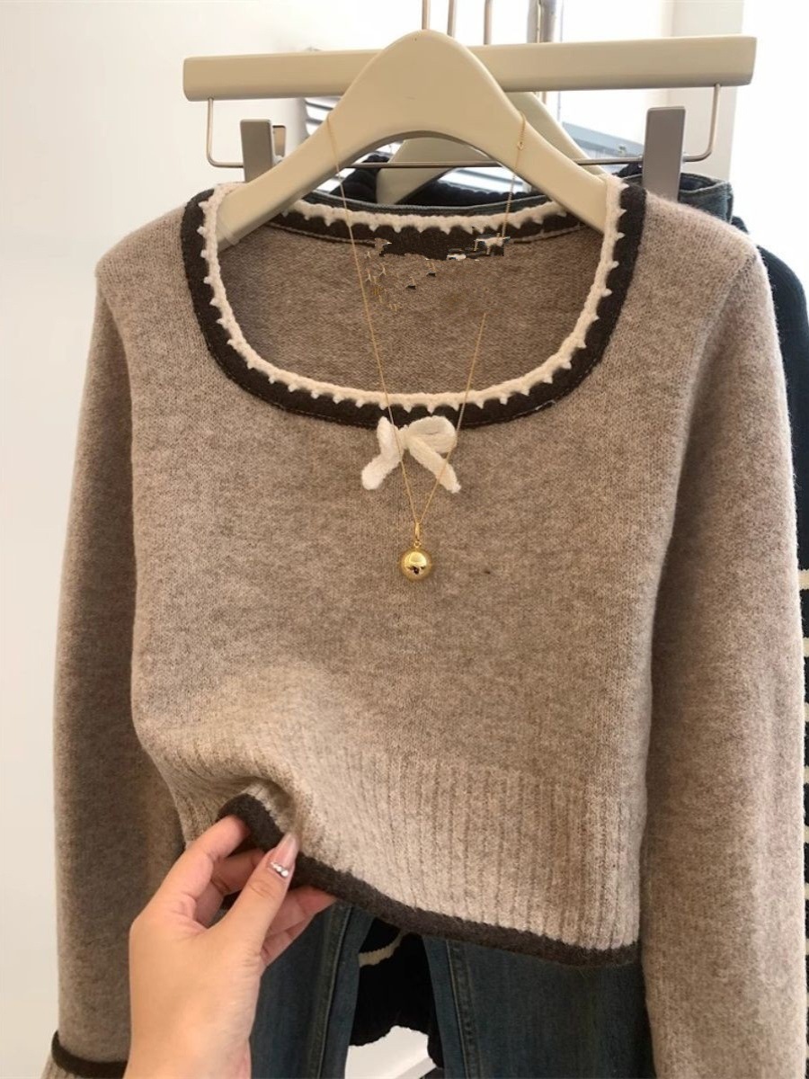 蝴蝶结方领长袖针织衫毛衣女春秋季韩系百搭修身新款打底衫上衣潮详情9