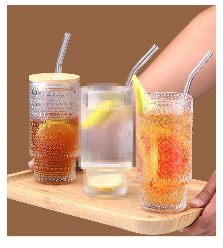 跨境亚马逊水杯创意简约竖纹叠叠杯高颜值果汁饮料吸管双饮玻璃杯详情9