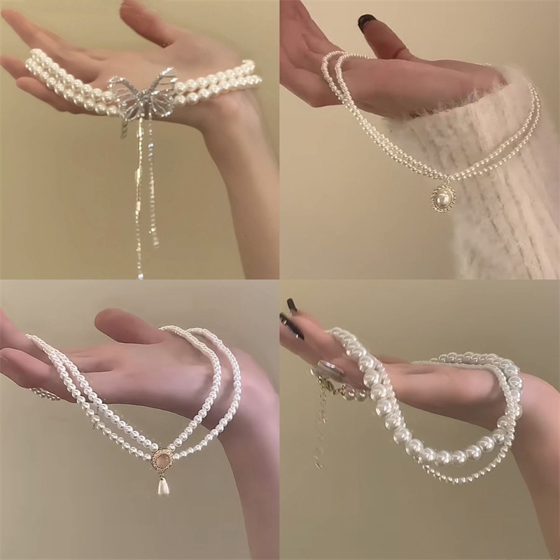 French retro double-layer pearl necklace, a light luxury, niche and high-end accessory for women, fashionable choker neck collarbone chain pic 1