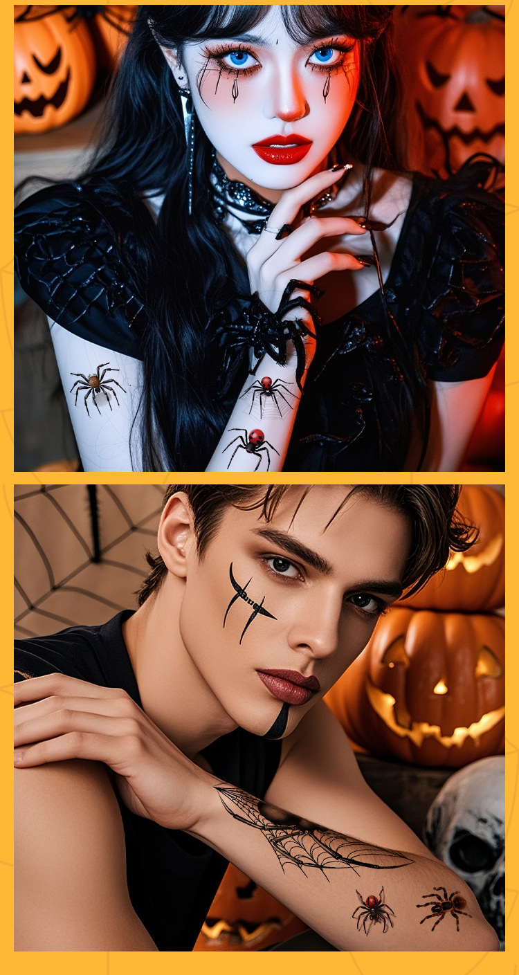 万圣节蜘蛛纹身贴跨境新款防水防汗搞怪3D立体仿真蜘蛛网纹身贴纹身贴详情7