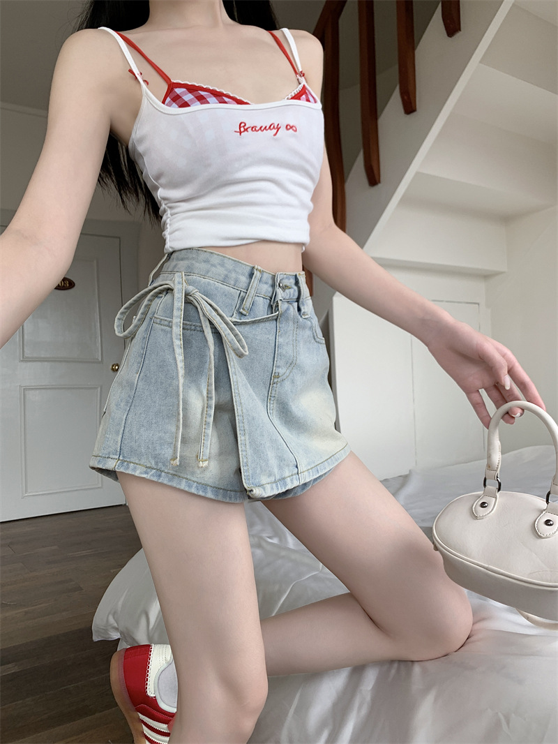 假两件牛仔短裤女夏季A字高腰不规则洋气绑带裙裤小个子辣妹裤子详情11