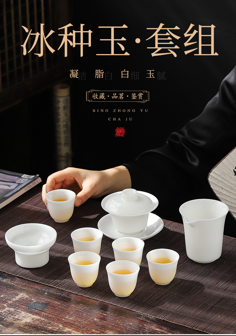 Dehua Light luxury sheep fat jade white porcelain ice jade porcelain tea set, home gift covered bowl Tea cup complete set as a souvenir pic 1