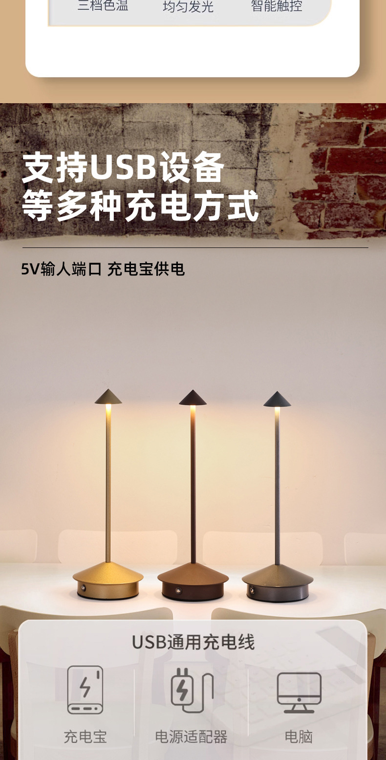 Cross-border wholesale night lights, creative pointed top table lamps, outdoor camping charging lamps, restaurant, coffee shop and bar ambient lights pic 3