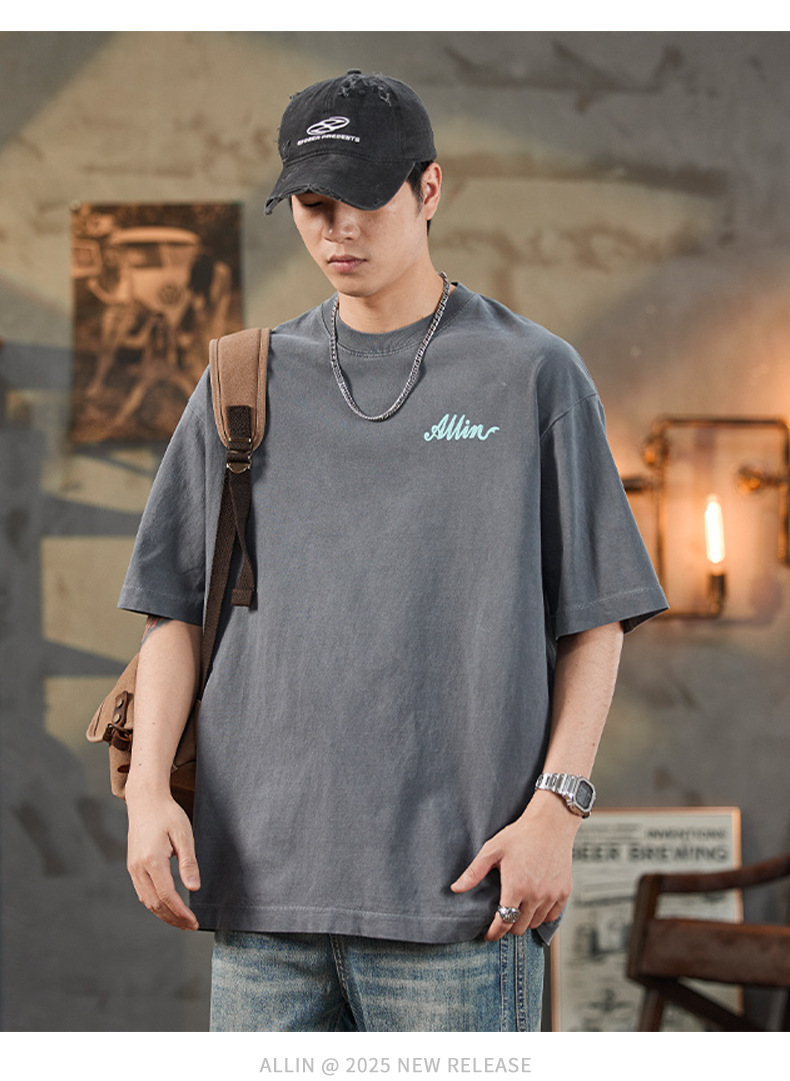ALLIN pure cotton heavy-duty short-sleeved T-shirt for men, a summer trendy brand with three-dimensional printed letters and loose round-neck couple tops pic 15