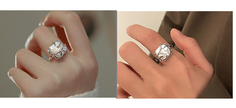 Cross-border niche design light luxury S925 sterling silver ring for women, Baroque pearl square opening ring accessory pic 16