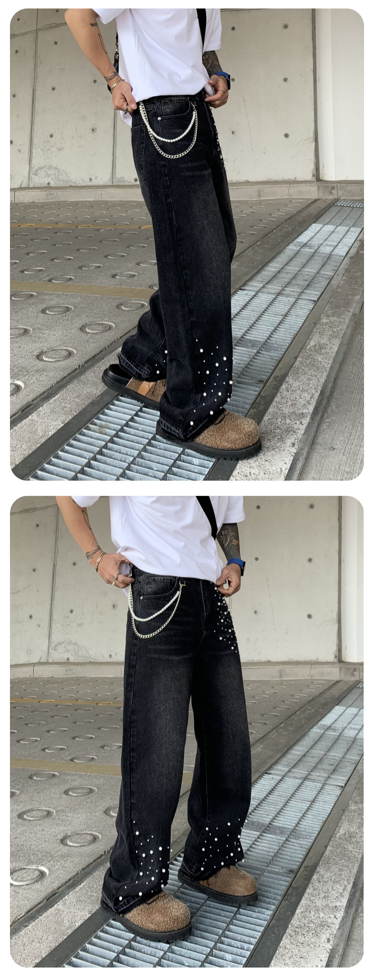 Cross-border Parisian style beaded jeans for men, 2025 new trendy streetwear brand loose straight-leg wide-leg pants for men pic 14
