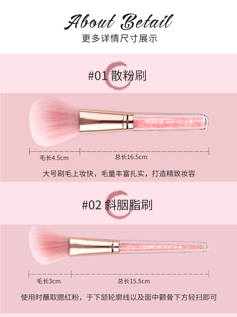 ZOREYA腮红眼影刷套装粉色水晶收纳包化妆工具美容护肤彩妆化妆刷子粉底刷组合详情13