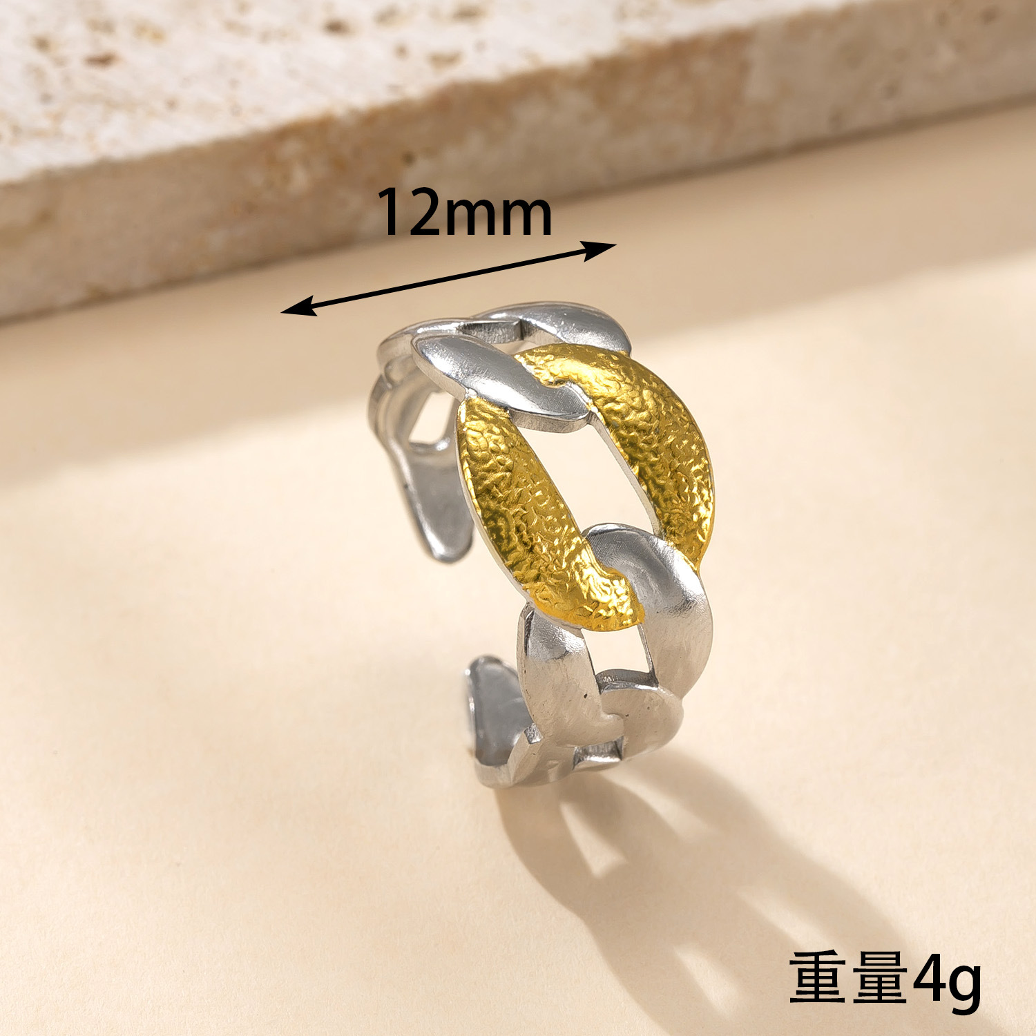 跨境新款钛钢饰品 高级感镀18k金开口戒指油压拼色树叶不锈钢戒指详情10