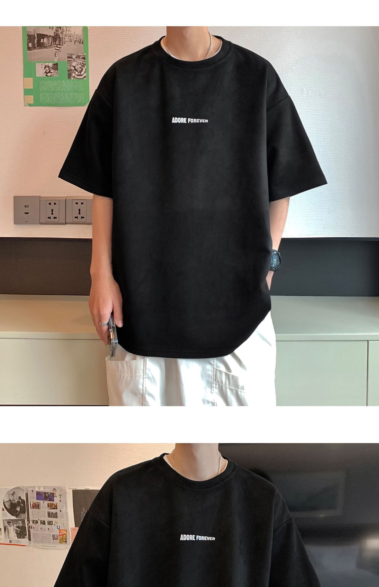 Avocado Green 320g heavyweight T-shirt for men, American retro suede short-sleeved, oversized small collar, three-quarter sleeve pic 11