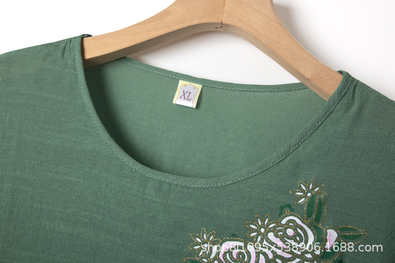 夏季透气套装女式两件套薄印花二件套妈妈装棉麻印花宽松舒适T恤详情9