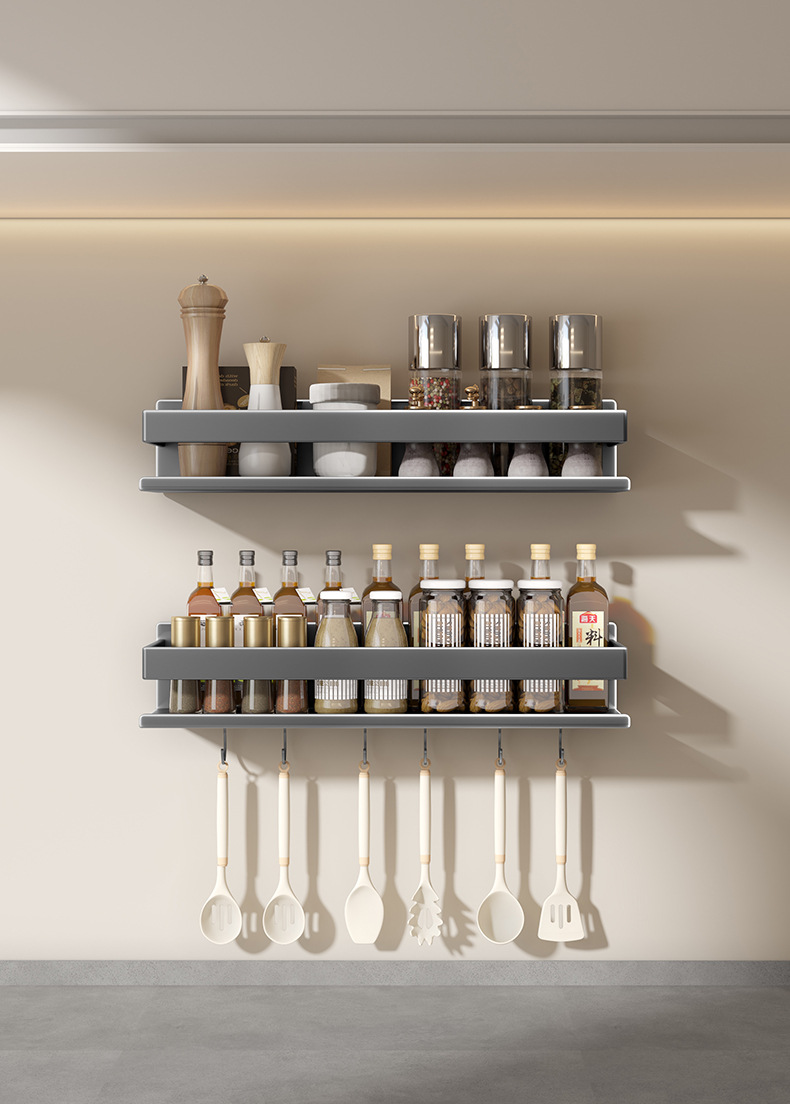 Light luxury kitchenware seasoning rack, carbon steel wall-mounted organization rack without drilling, multi-functional kitchen storage and shelving rack pic 21