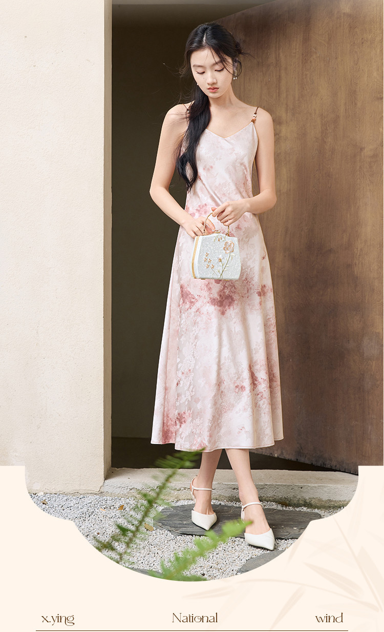 2025 Summer satin V-neck halter dress for women, new Chinese-style smudged printed dress pic 12