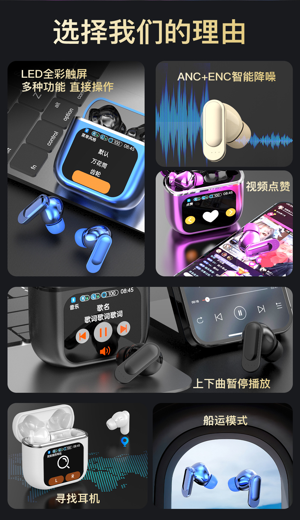 New touchscreen Bluetooth headphones with long-lasting battery life, ANC+ENC intelligent noise cancellation, LED screen in-ear TWS headphones pic 5