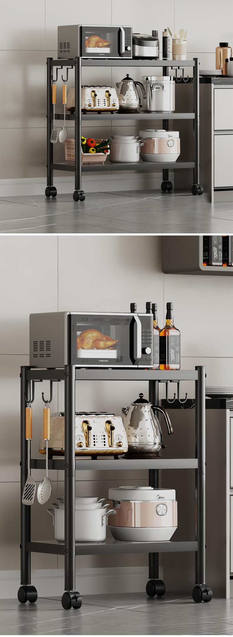 跨境厨房置物架厂家两层面包储物柜家用金属多层带轮子移动置物架详情8