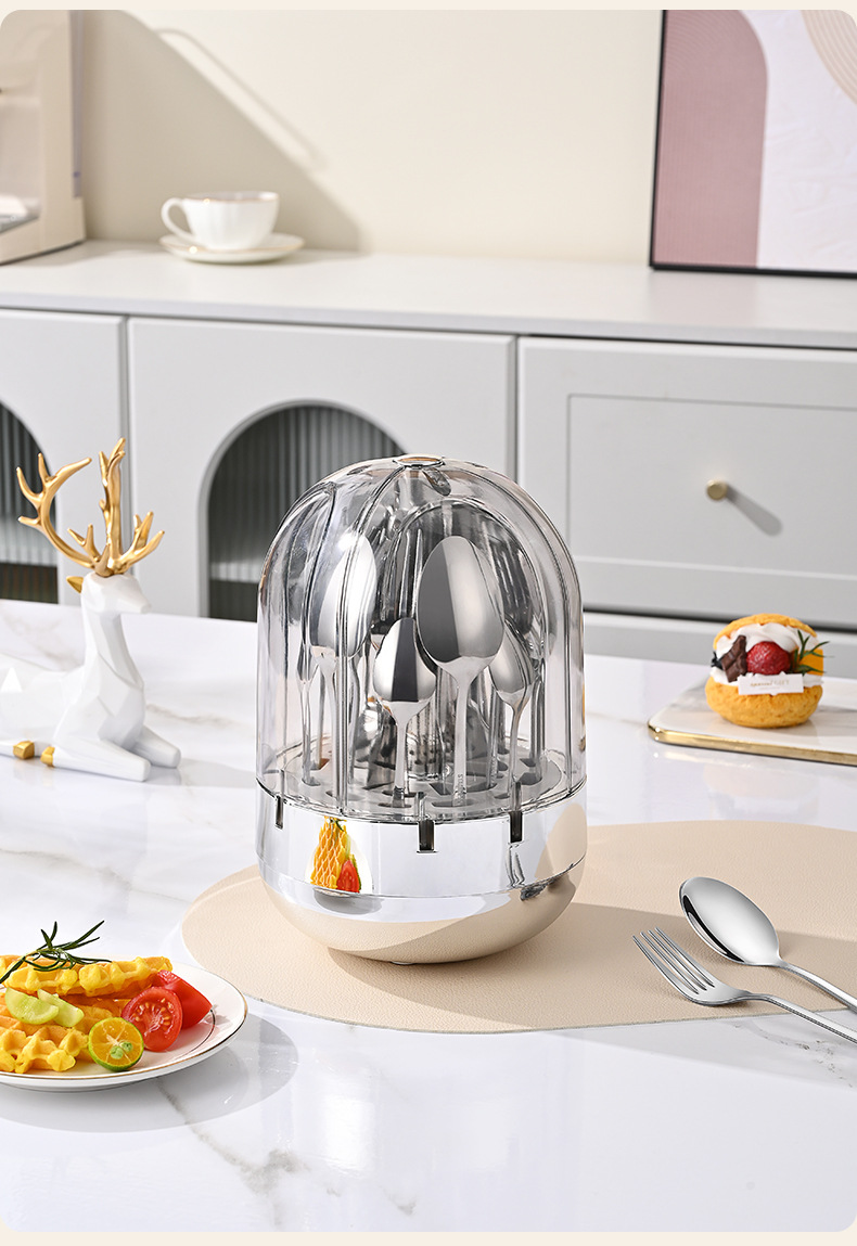 Cross-border Mood egg stainless steel Western cuisine knife, fork and spoon tableware 24-piece set, rotatable golden egg set tableware storage rack pic 15