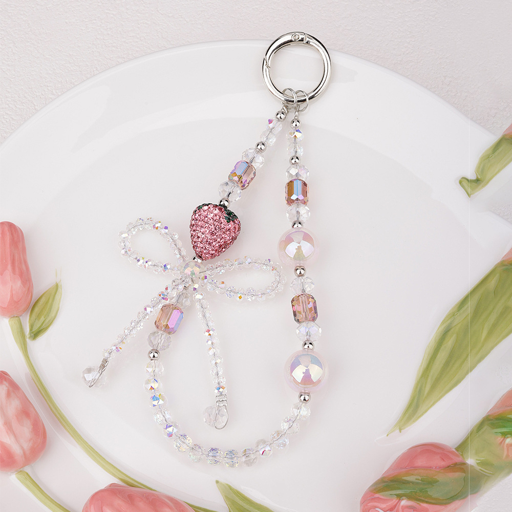 爆闪水钻水晶草莓蝴蝶结手机链带扣钥匙包包串珠挂链手机挂绳挂饰详情5