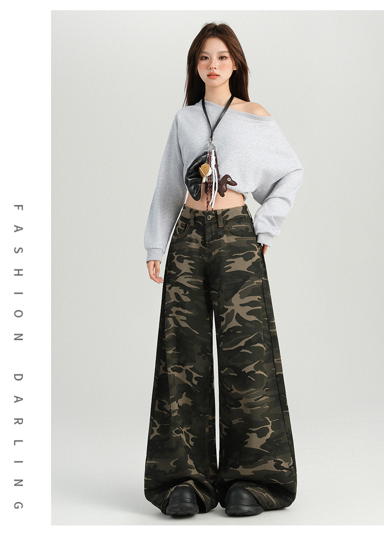橙绢女装#美式辣妹迷彩高腰阔腿休闲裤女秋季新款高街显瘦拖地裤详情15