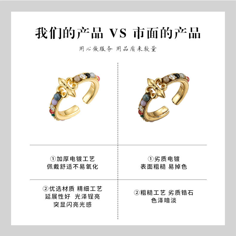 源头工厂复古宫廷风鸢尾花开口戒指铜合金真金电镀天然石精致指环详情12