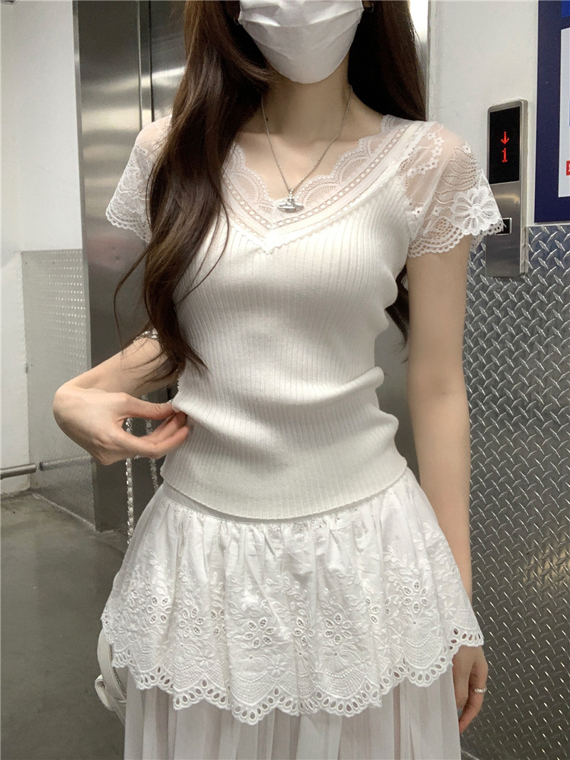 甜辣妹花边领夏设计感蕾丝小飞袖短袖修身显瘦针织衫女上衣详情3