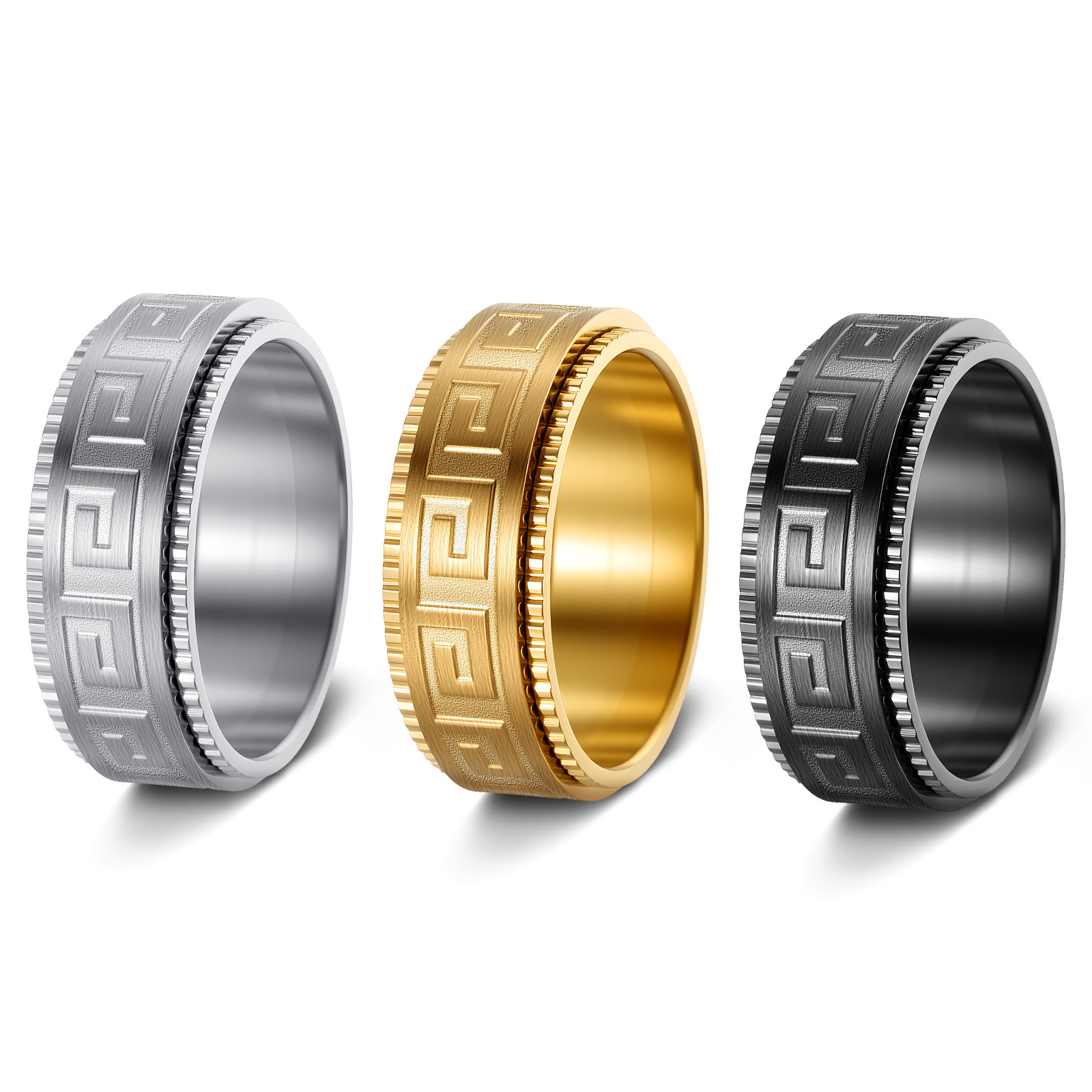 Cross-border bestseller titanium steel ring, stress-relieving and anti-anxiety rotating Ruyi Great Wall pattern fashionable couple rotating ring jewelry pic 3