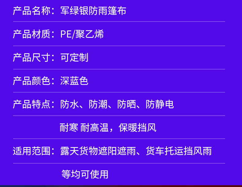 军绿银防雨篷布 防雨防晒防老化PE加厚耐磨多用途棚布工业用遮阳详情6