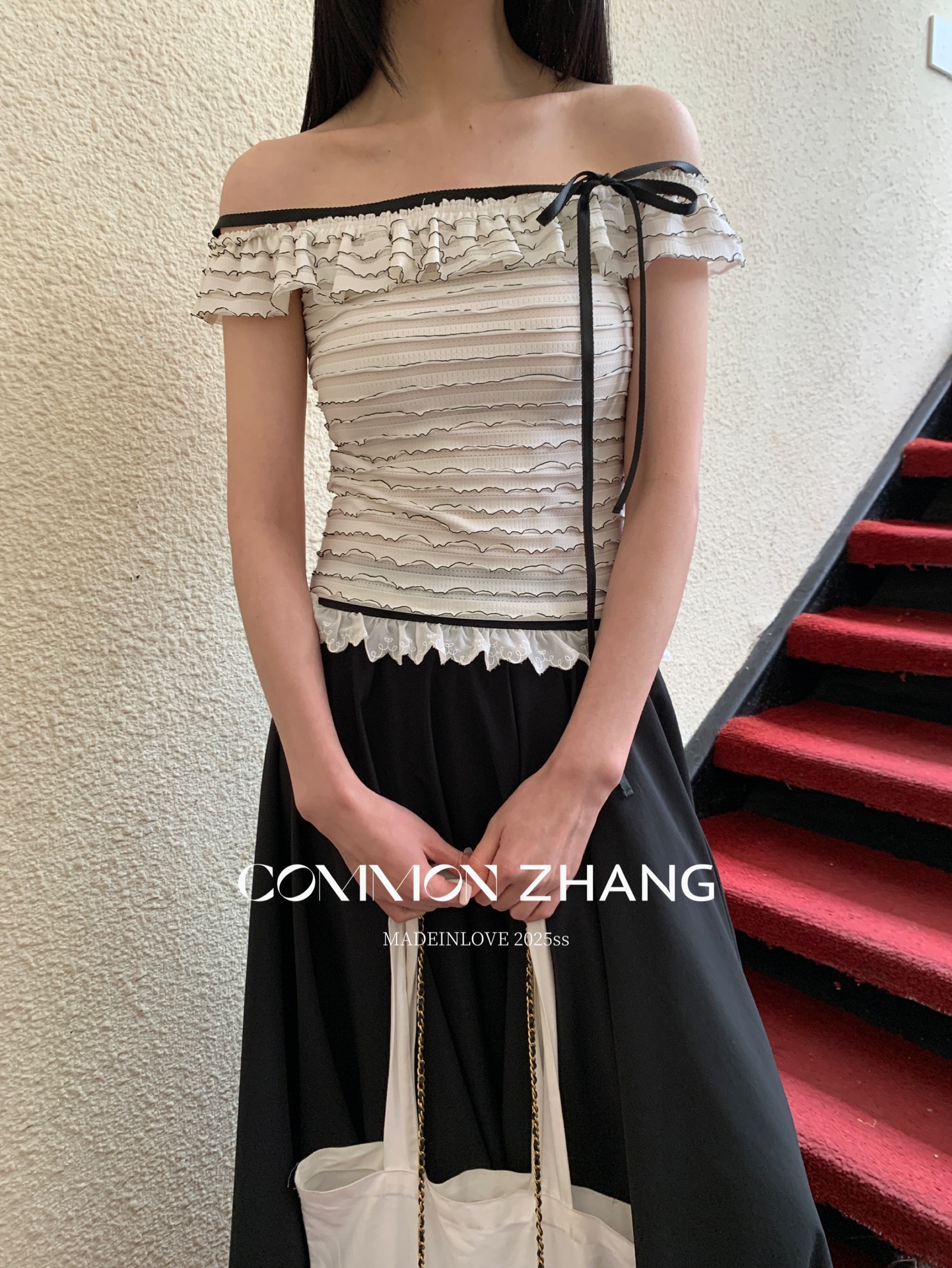 CZ ZHANG Summer French lace one-shoulder off-the-shoulder, contrasting color striped waist-cinching slim shirt B23795 pic 7