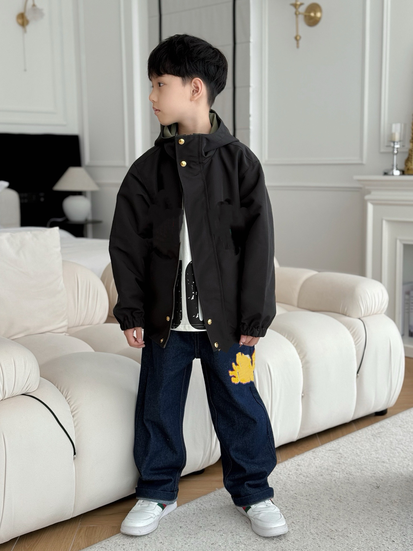 25春季新款GG儿童红绿织带皮牌logo双面连帽风衣外套配牛仔裤 童套装时尚潮流童装详情14