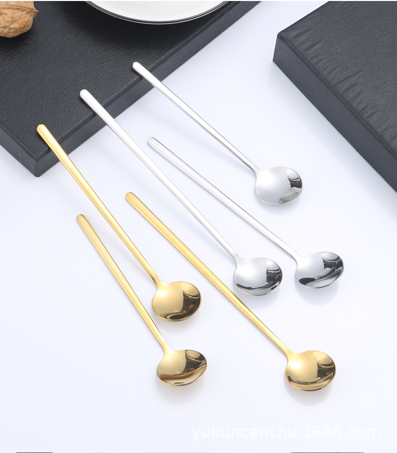 Stainless steel spoons, household long-handled golden round spoons, coffee mixing spoons, ice spoons, hot pot seasoning spoons, dessert spoons wholesale pic 9