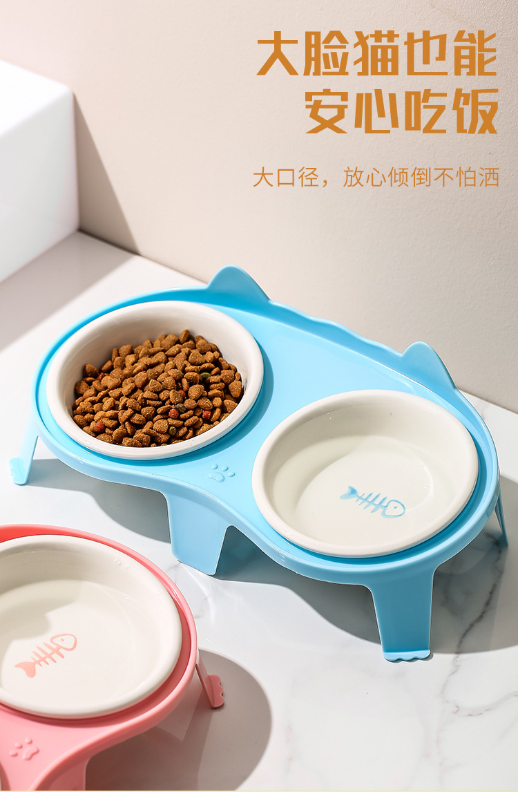 猫碗陶瓷猫食盆猫咪碗宠物碗斜口保护颈椎防打翻双碗喝水喂食一体详情3