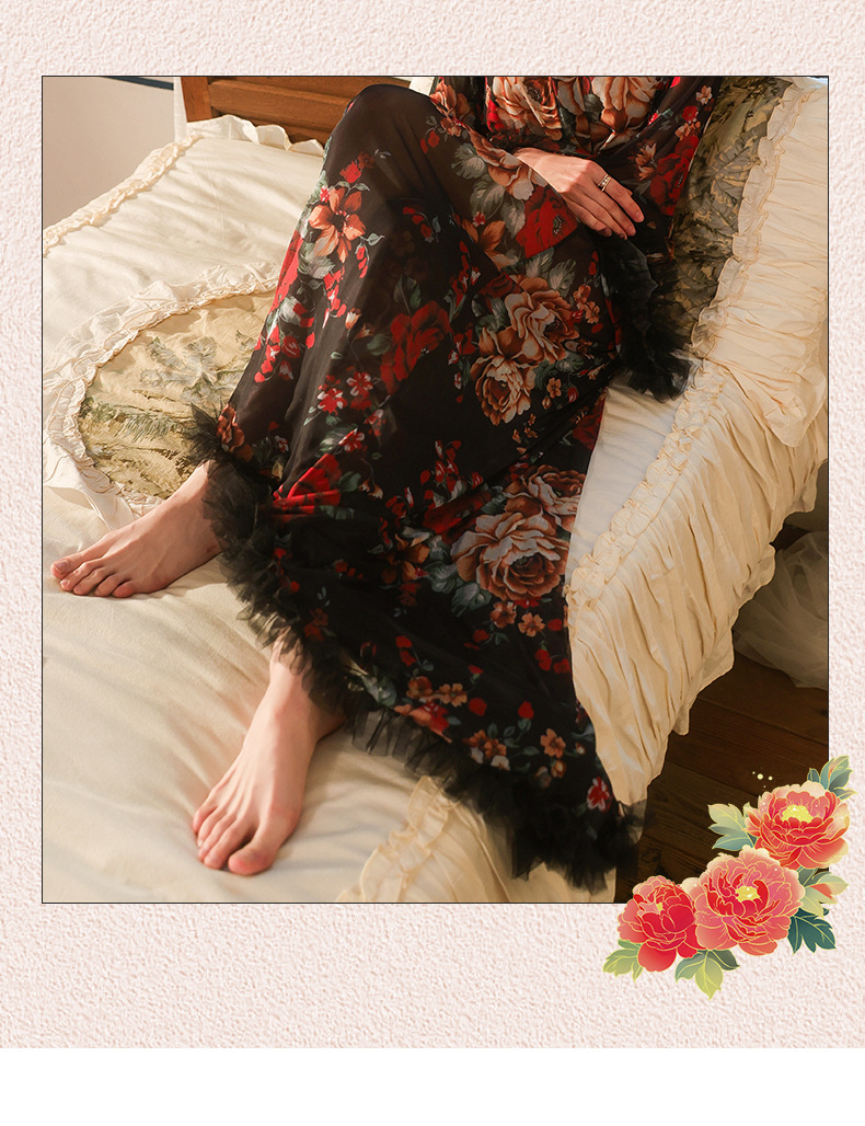 Ambiance vintage francés floral toga manga larga cuello en V fleece adorno con cordón cierre cintura inicio robe 1119 pic 7