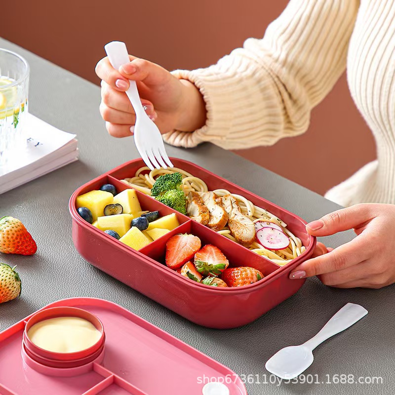 This large-capacity, simple, compartments, snap-on lunch box for office workers and student lunch box can be heated in a microwave oven with tableware included pic 3