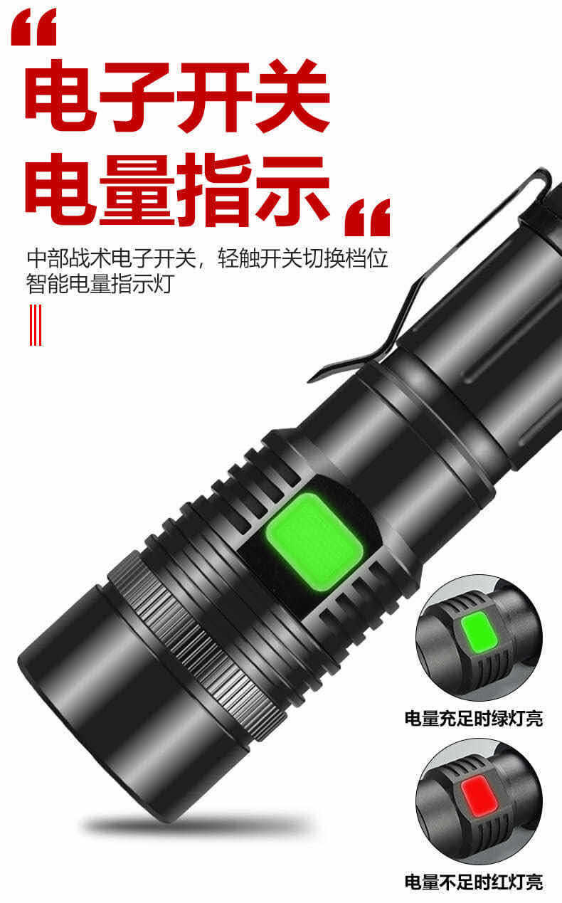 跨境新款P50强光手电筒带电量提醒功能USB充电伸缩变焦强光照明灯详情26