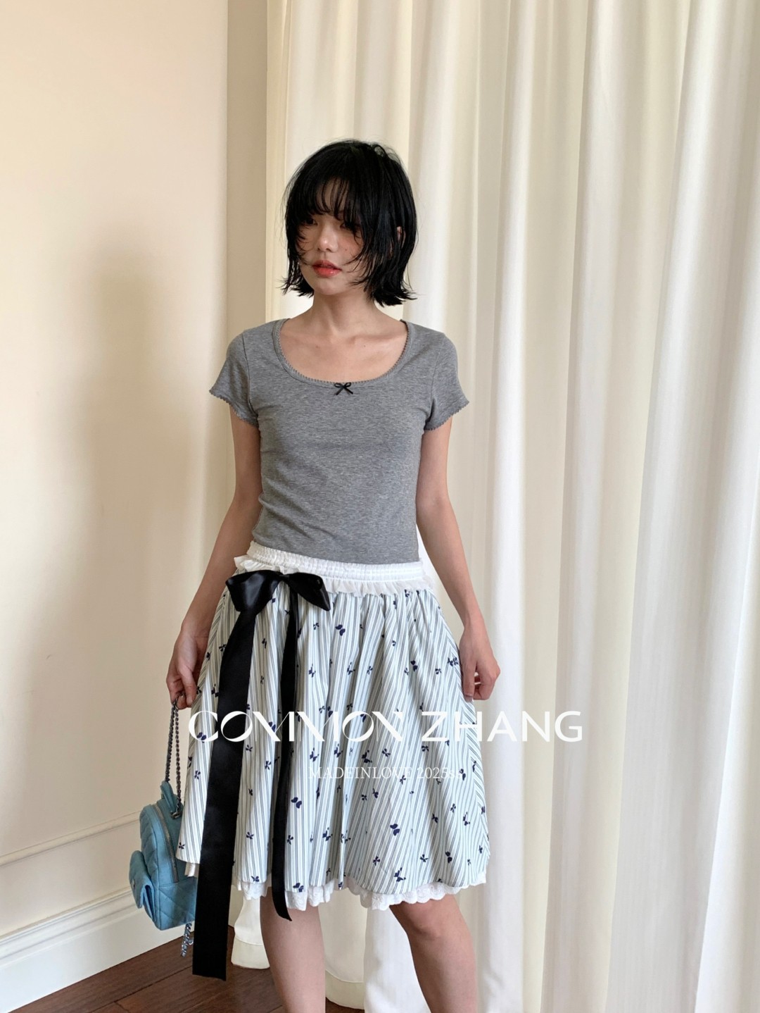 CZ ZHANG夏季韩版少女感减龄蝴蝶结拼接U领纯色天丝短袖T恤B20757详情32