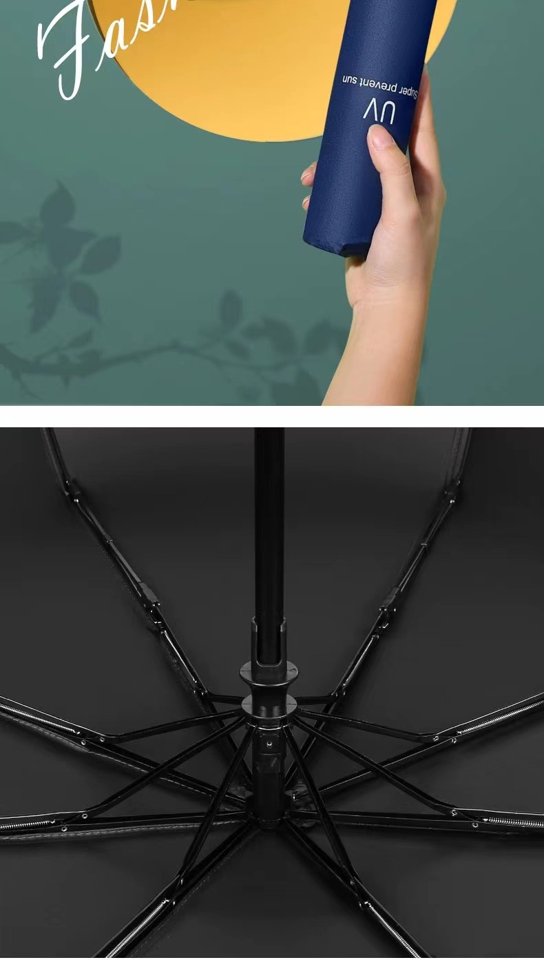 Three-fold fully automatic black rubber sun protection and shade umbrella, all-weather folding sun umbrella, umbrella printed logo advertising umbrella pic 8