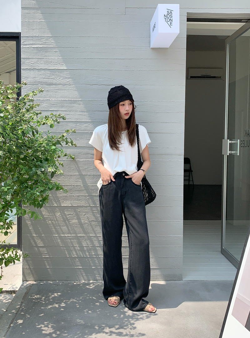 GAGD Tencel cool-feel washed wide-leg jeans for petite women, summer comfortable straight-leg slimming denim pants pic 6