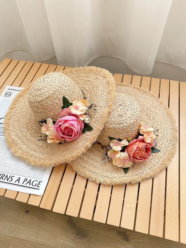 花朵手工编织拉菲草帽女夏季法式大檐遮阳防晒帽海边度假太阳帽子详情5