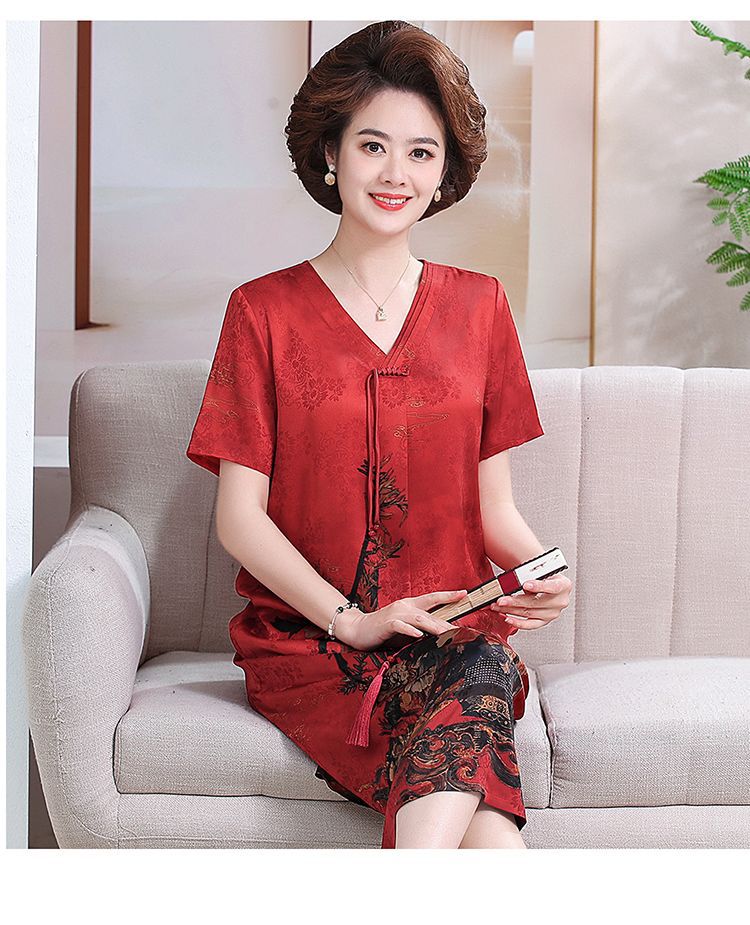 Mom 2024 New Chinese-style faux silk summer New printed dress, a loose and stylish mid-length dress for middle-aged and elderly people pic 10