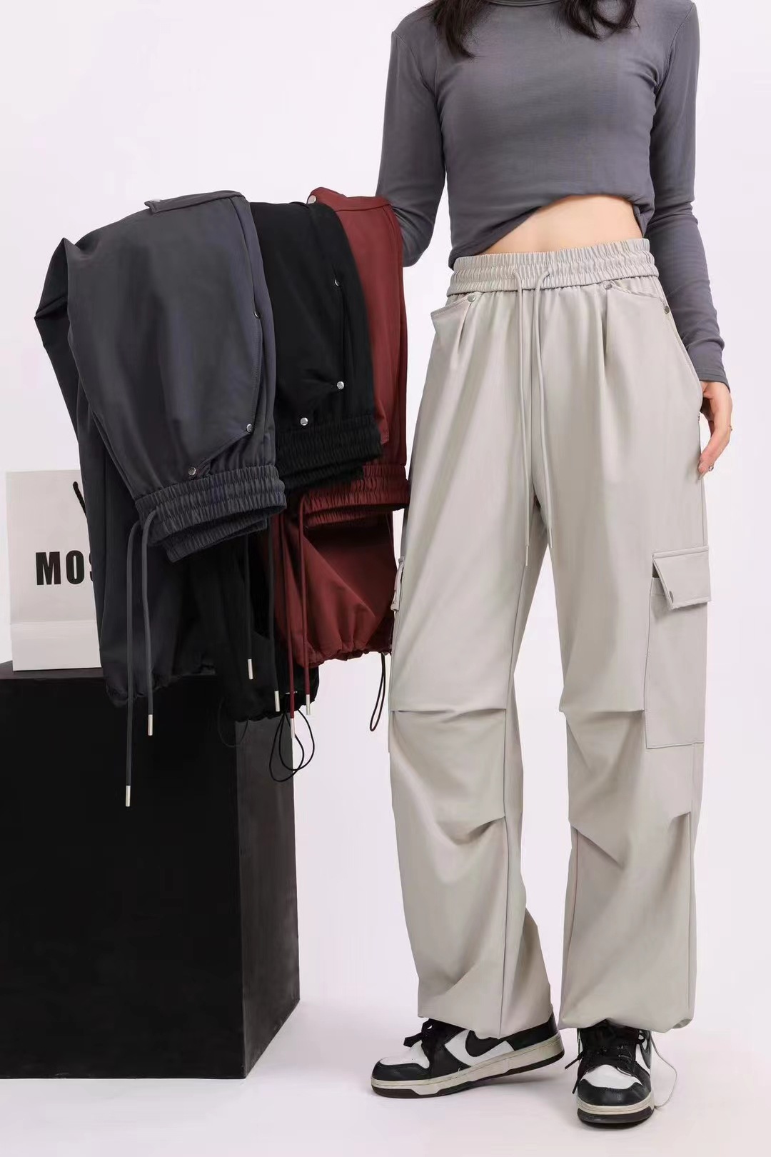 Workwear sweatpants for women, multi-pocket straight bucket tapered long pants for women, casual pants, simple elastic high-waisted tapered pants pic 1