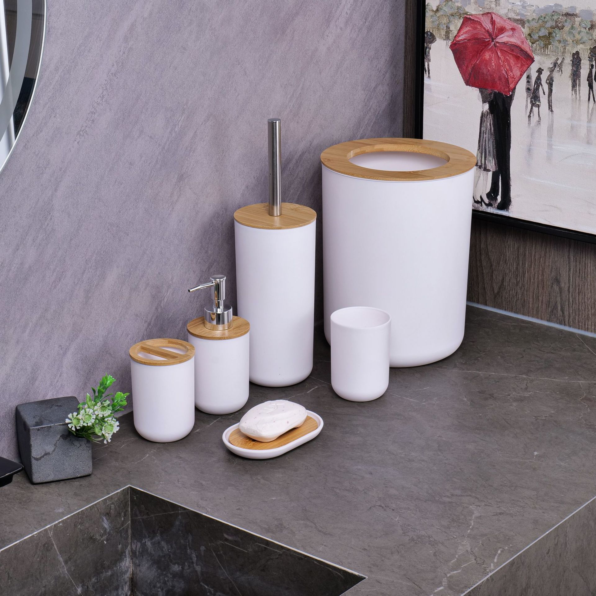 YUFEI跨境卫浴洗漱竹木六件套乳液泵牙刷杯肥皂盒北欧风简约套装详情11