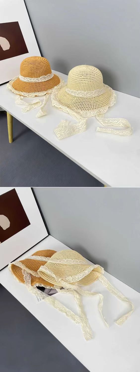 拉菲草编织草帽蕾丝花边小麦秸秆老式编筐帽子详情10