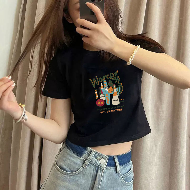 Pure cotton short-sleeved T-shirt for women, new summer style, high-waisted short, spicy girl style, slimming and petite, round-neck base layer pic 14