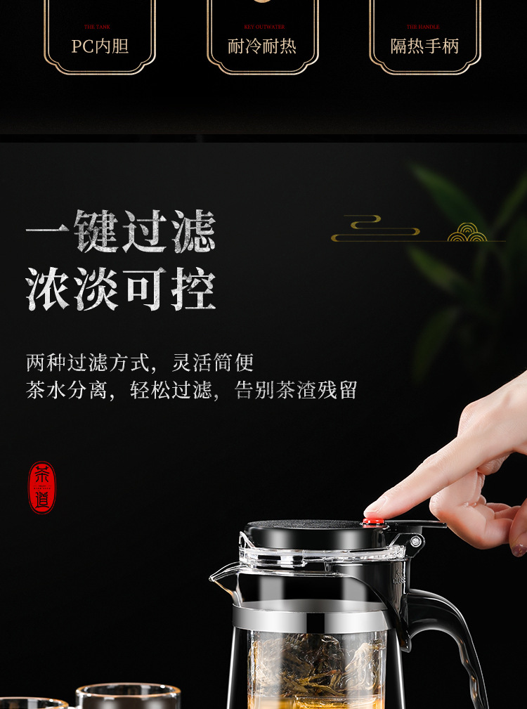 飘逸杯泡茶壶玻璃茶具 家用茶壶茶水分离过滤 耐高温水壶冲泡茶器详情8