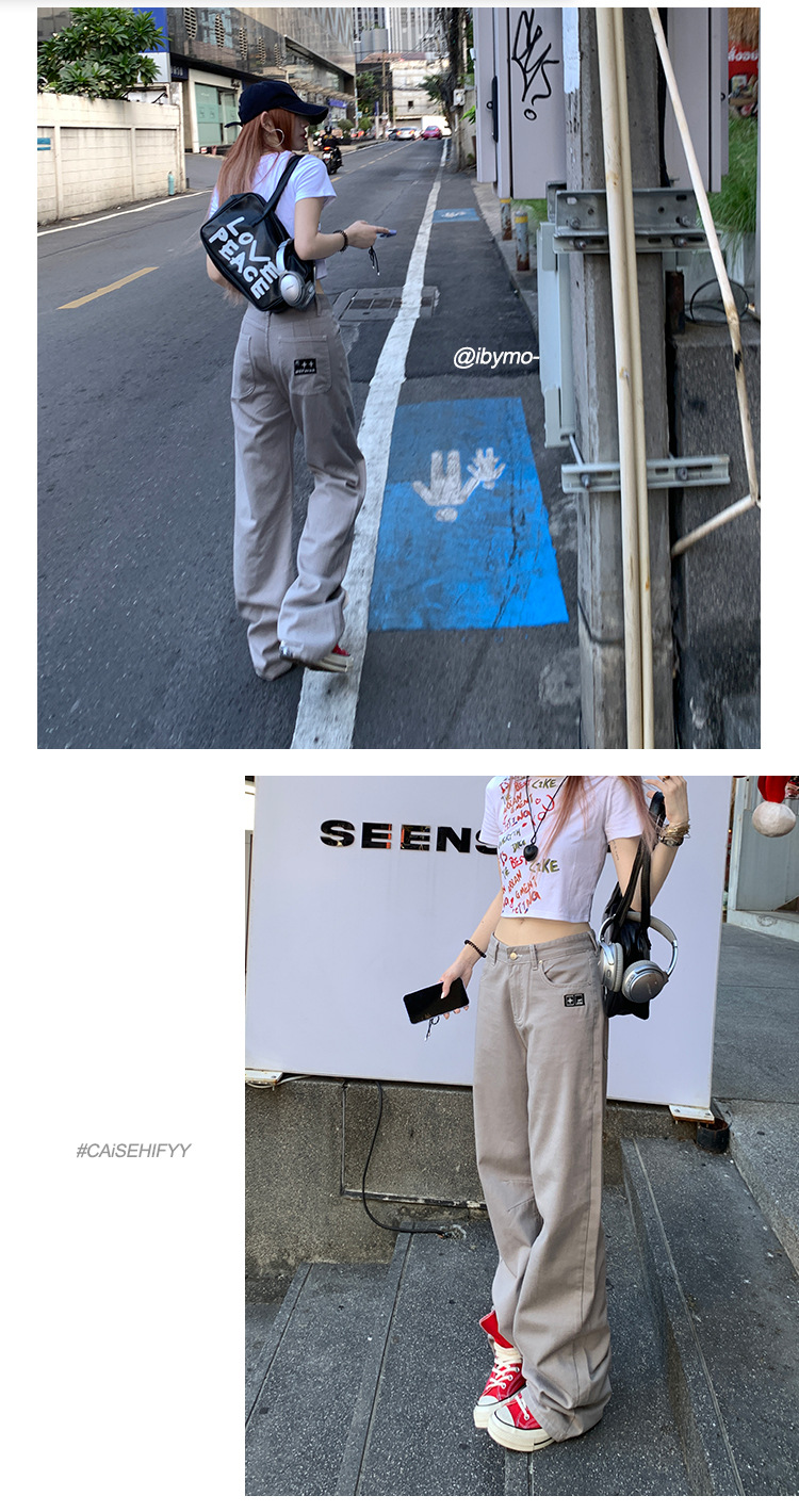 稚橘#刺绣标四色阔腿牛仔裤女高腰宽松显瘦个性时尚百搭拖地长裤详情18