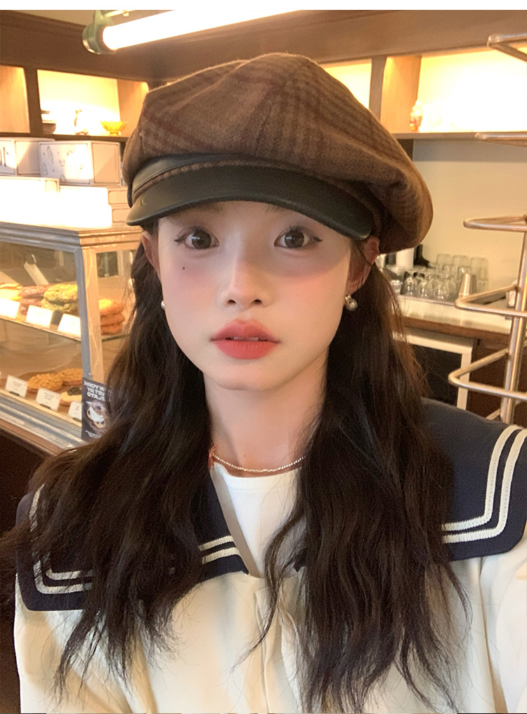 Cool and elegant checkered retro British octagonal newsboy hat for women 2024 new style face-enhancing small beret pic 16
